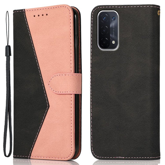 Double Color Premium PU Leather Wallet Stand Magnetic Flip Cover with Strap for Oppo A54 5G / A74 5G / A93 5G - Black/Rose Gold