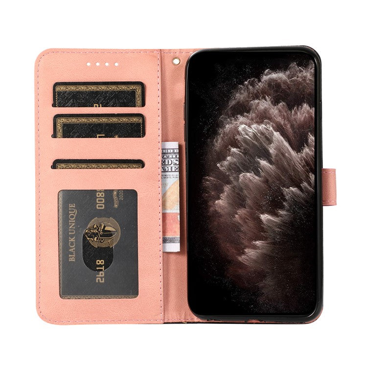 Double Color Premium PU Leather Wallet Stand Magnetic Flip Cover with Strap for Oppo A54 5G / A74 5G / A93 5G - Black/Rose Gold