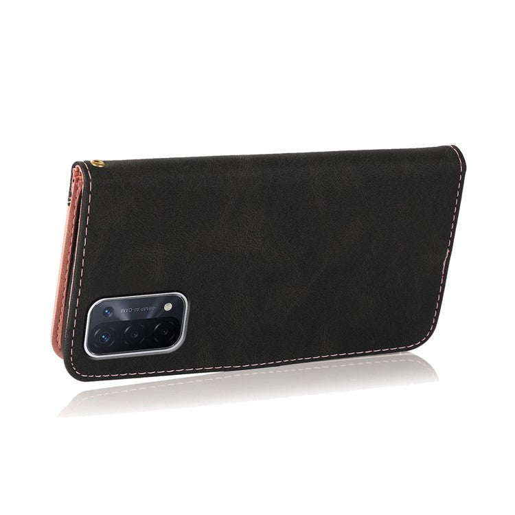 Double Color Premium PU Leather Wallet Stand Magnetic Flip Cover with Strap for Oppo A54 5G / A74 5G / A93 5G - Black/Rose Gold