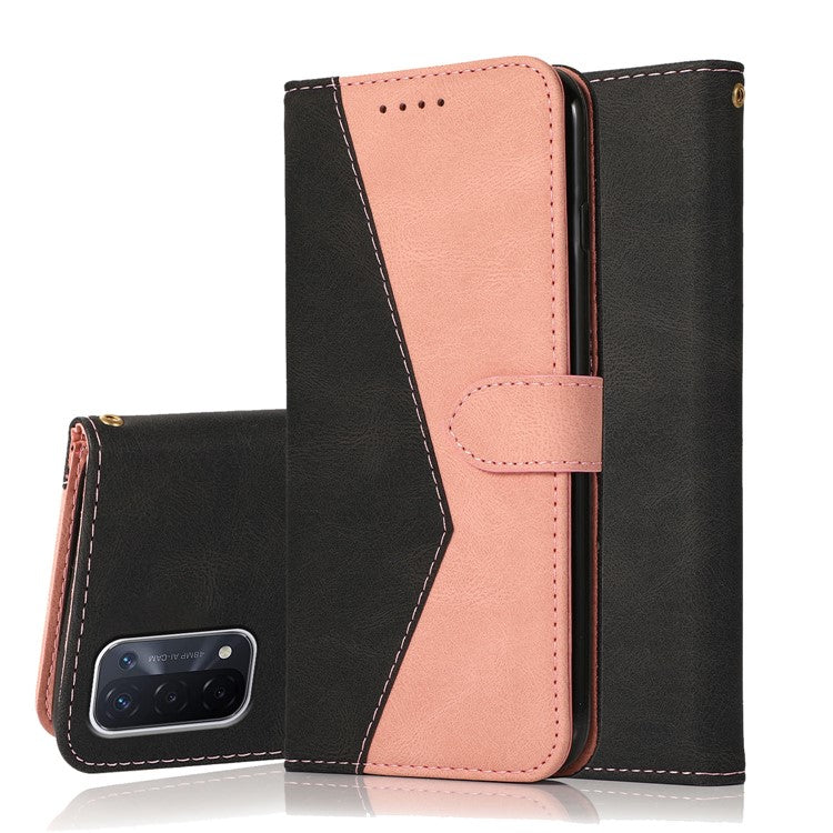 Double Color Premium PU Leather Wallet Stand Magnetic Flip Cover with Strap for Oppo A54 5G / A74 5G / A93 5G - Black/Rose Gold