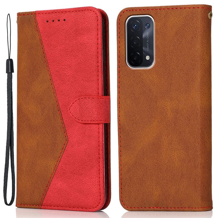 Double Color Premium PU Leather Wallet Stand Magnetic Flip Cover with Strap for Oppo A54 5G / A74 5G / A93 5G - Brown/Red