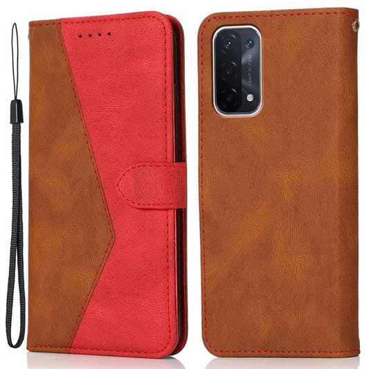 Double Color Premium PU Leather Wallet Stand Magnetic Flip Cover with Strap for Oppo A54 5G / A74 5G / A93 5G - Brown/Red