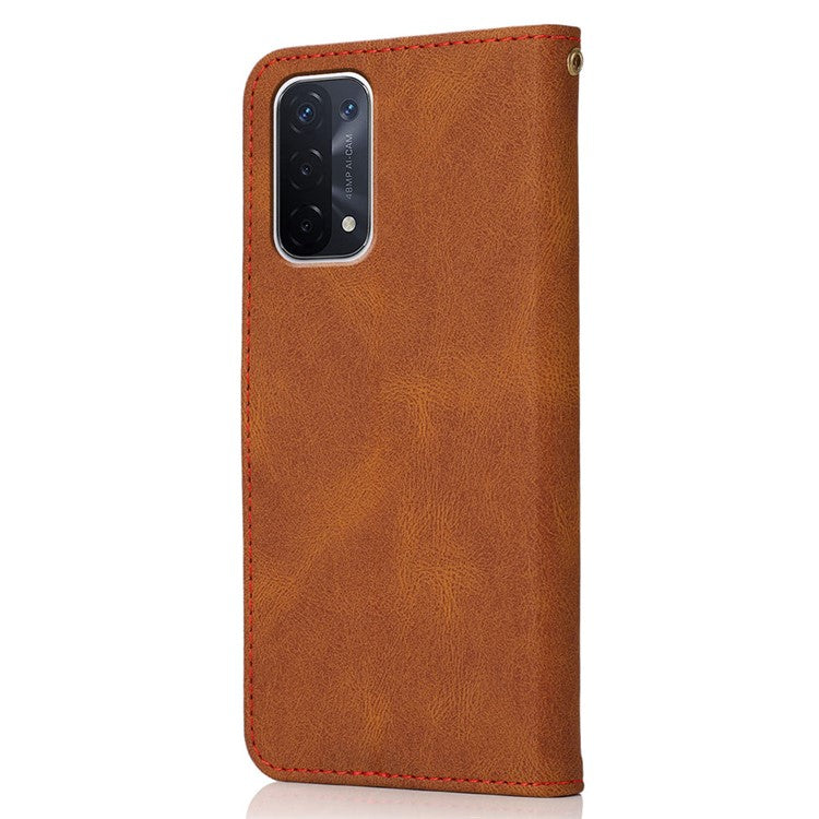 Double Color Premium PU Leather Wallet Stand Magnetic Flip Cover with Strap for Oppo A54 5G / A74 5G / A93 5G - Brown/Red
