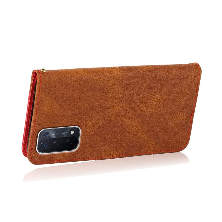 Double Color Premium PU Leather Wallet Stand Magnetic Flip Cover with Strap for Oppo A54 5G / A74 5G / A93 5G - Brown/Red