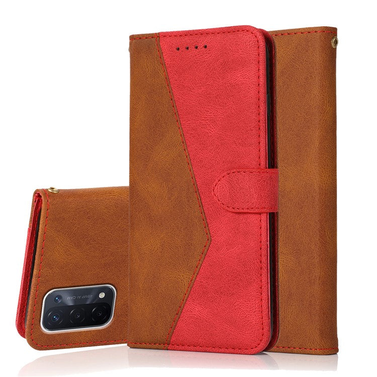 Double Color Premium PU Leather Wallet Stand Magnetic Flip Cover with Strap for Oppo A54 5G / A74 5G / A93 5G - Brown/Red