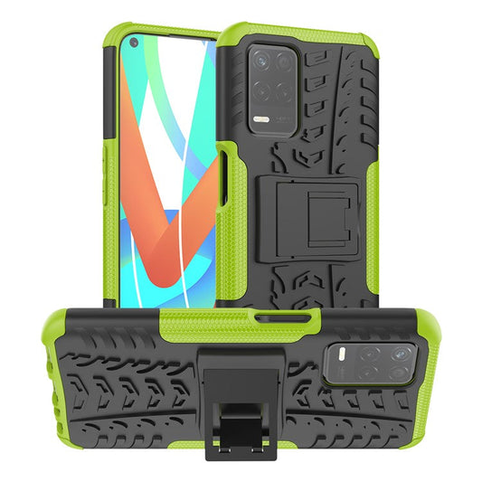 Tire Texture Dual-Layer PC + TPU Heavy Duty Rugged Case with Kickstand for Realme 8 5G/V13 5G/Narzo 30 5G - Green