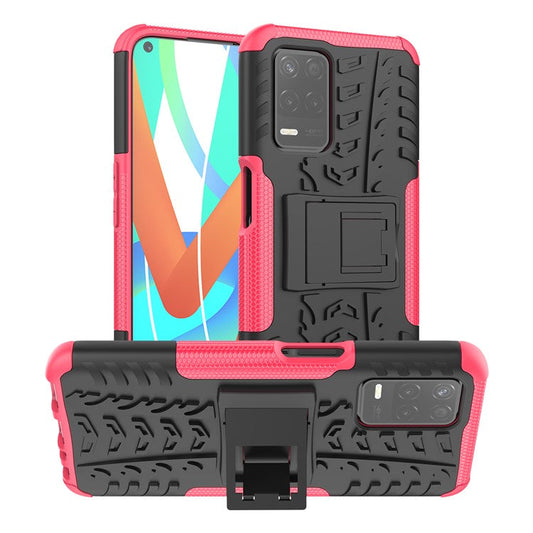 Tire Texture Dual-Layer PC + TPU Heavy Duty Rugged Case with Kickstand for Realme 8 5G/V13 5G/Narzo 30 5G - Rose