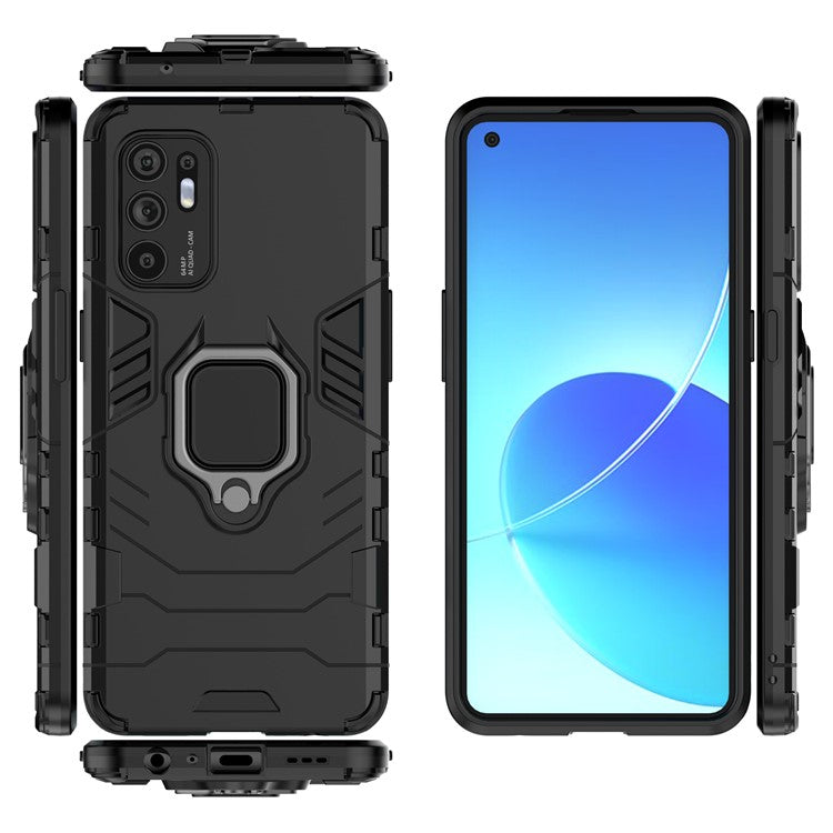 Shockproof Protection Soft TPU Bumper + Hard PC Back Case with Ring Kickstand for Oppo Reno6 4G - Black