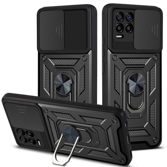 Kickstand PC + TPU Shockproof Impact-Resistant Cover with Slide Lens Protection for Realme 8 / 8 Pro - Black
