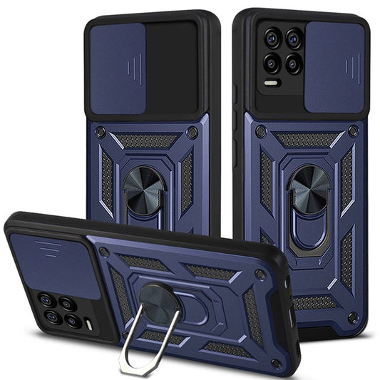 Kickstand PC + TPU Shockproof Impact-Resistant Cover with Slide Lens Protection for Realme 8 / 8 Pro - Blue