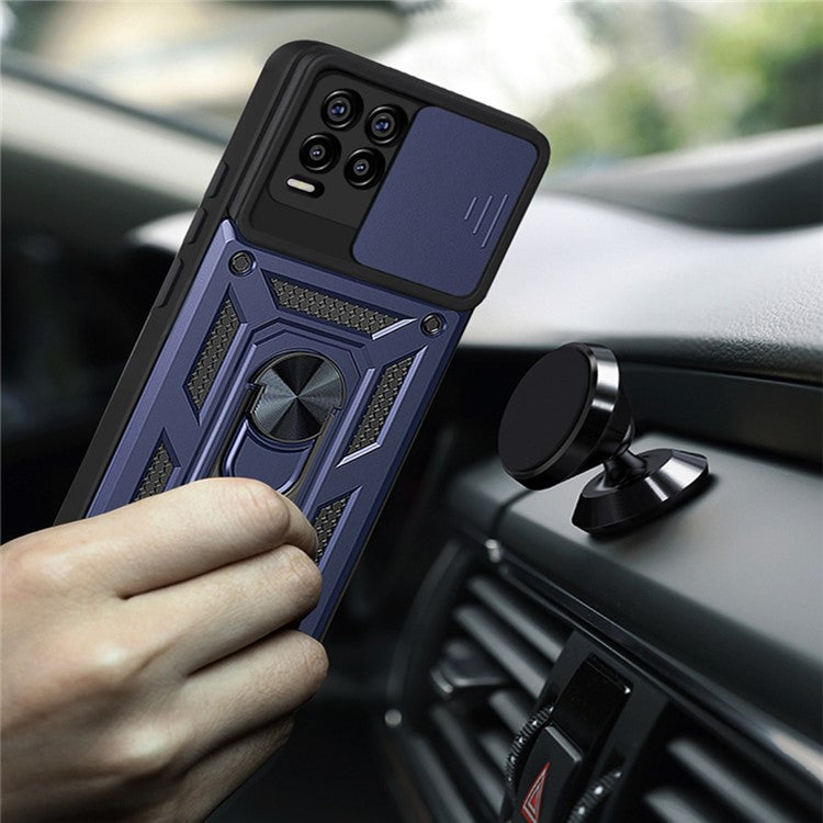 Kickstand PC + TPU Shockproof Impact-Resistant Cover with Slide Lens Protection for Realme 8 / 8 Pro - Blue