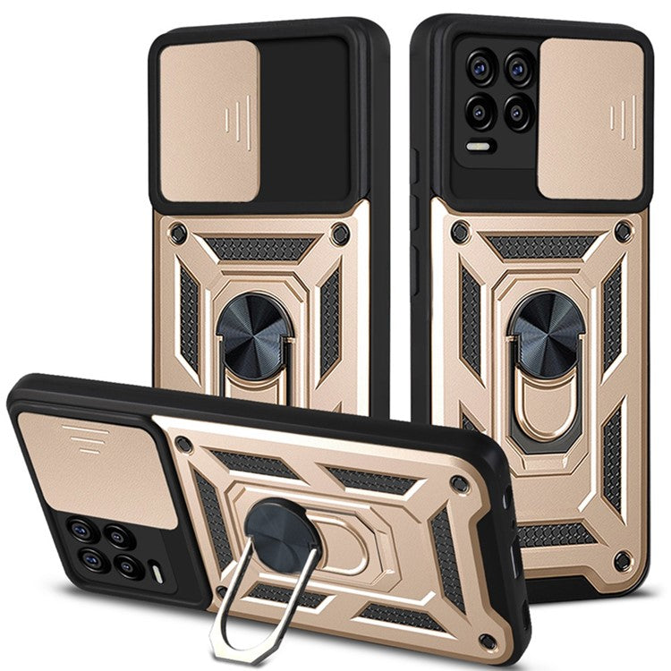 Kickstand PC + TPU Shockproof Impact-Resistant Cover with Slide Lens Protection for Realme 8 / 8 Pro - Gold