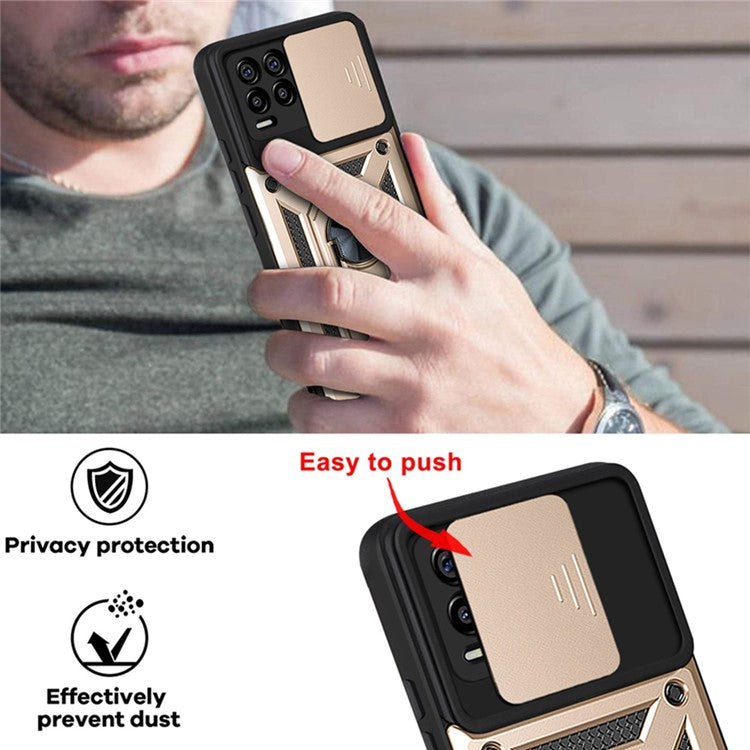 Kickstand PC + TPU Shockproof Impact-Resistant Cover with Slide Lens Protection for Realme 8 / 8 Pro - Gold