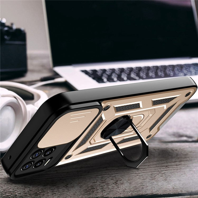 Kickstand PC + TPU Shockproof Impact-Resistant Cover with Slide Lens Protection for Realme 8 / 8 Pro - Gold