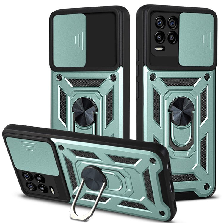 Kickstand PC + TPU Shockproof Impact-Resistant Cover with Slide Lens Protection for Realme 8 / 8 Pro - Green