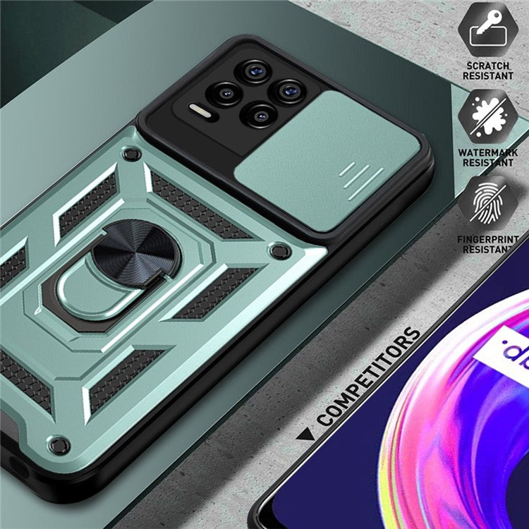 Kickstand PC + TPU Shockproof Impact-Resistant Cover with Slide Lens Protection for Realme 8 / 8 Pro - Green