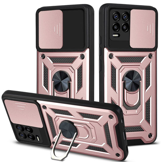 Kickstand PC + TPU Shockproof Impact-Resistant Cover with Slide Lens Protection for Realme 8 / 8 Pro - Rose Gold