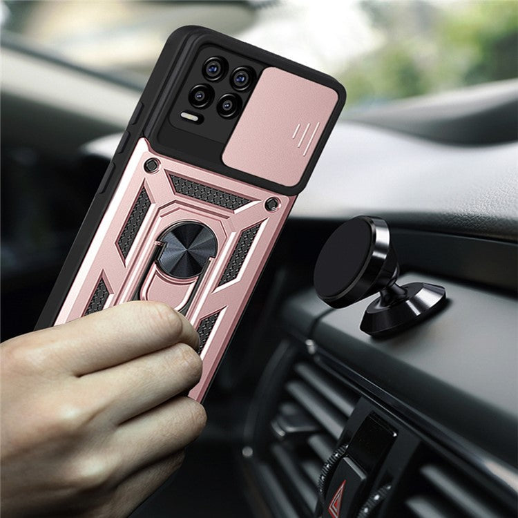 Kickstand PC + TPU Shockproof Impact-Resistant Cover with Slide Lens Protection for Realme 8 / 8 Pro - Rose Gold