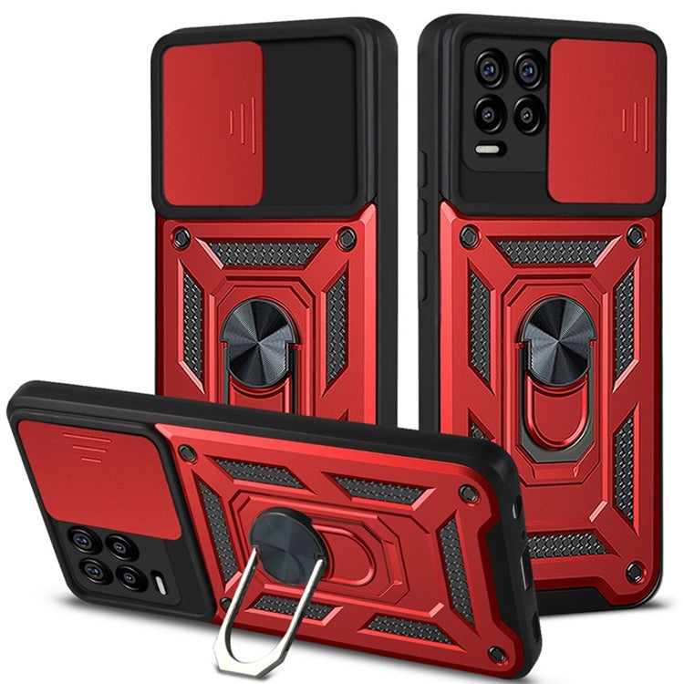 Kickstand PC + TPU Shockproof Impact-Resistant Cover with Slide Lens Protection for Realme 8 / 8 Pro - Red