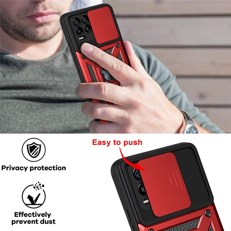 Kickstand PC + TPU Shockproof Impact-Resistant Cover with Slide Lens Protection for Realme 8 / 8 Pro - Red