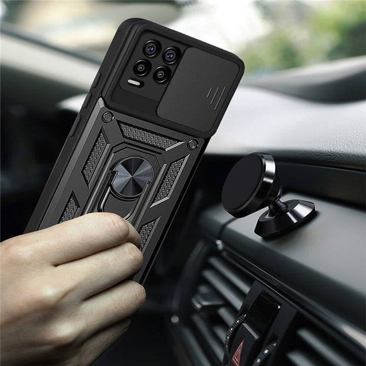 Kickstand PC + TPU Shockproof Impact-Resistant Cover with Slide Lens Protection for Realme 8 / 8 Pro - Red