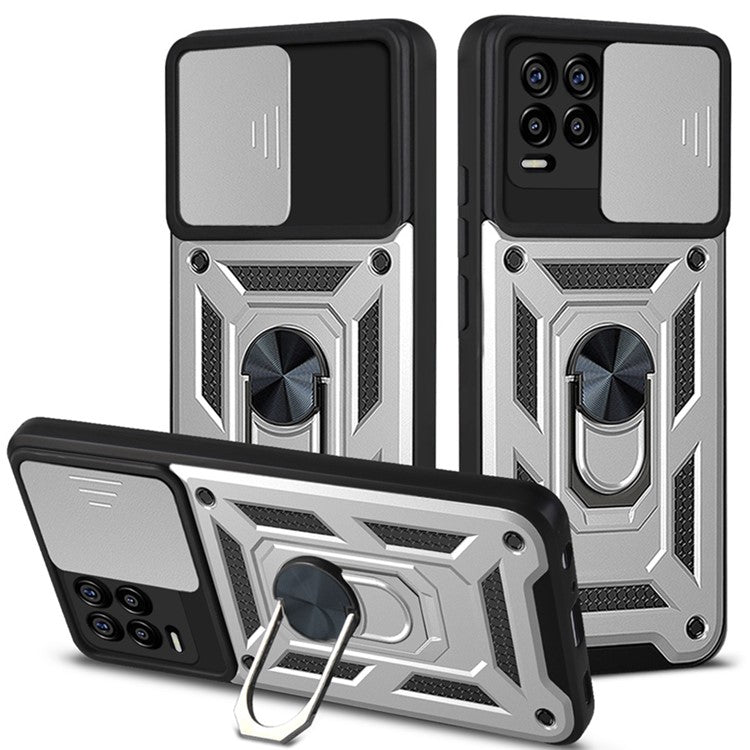 Kickstand PC + TPU Shockproof Impact-Resistant Cover with Slide Lens Protection for Realme 8 / 8 Pro - Silver