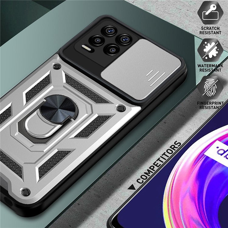 Kickstand PC + TPU Shockproof Impact-Resistant Cover with Slide Lens Protection for Realme 8 / 8 Pro - Silver