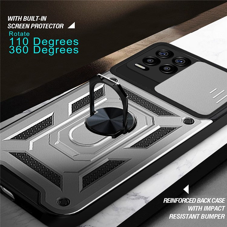 Kickstand PC + TPU Shockproof Impact-Resistant Cover with Slide Lens Protection for Realme 8 / 8 Pro - Silver