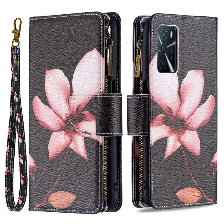 Pattern Printing PU Leather Wallet Shockproof Flip Cover Zipper Pocket Case with Stand and Strap for Oppo A16/A16s/A54s - Lotus