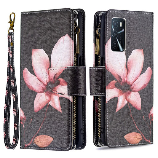 Pattern Printing PU Leather Wallet Shockproof Flip Cover Zipper Pocket Case with Stand and Strap for Oppo A16/A16s/A54s - Lotus