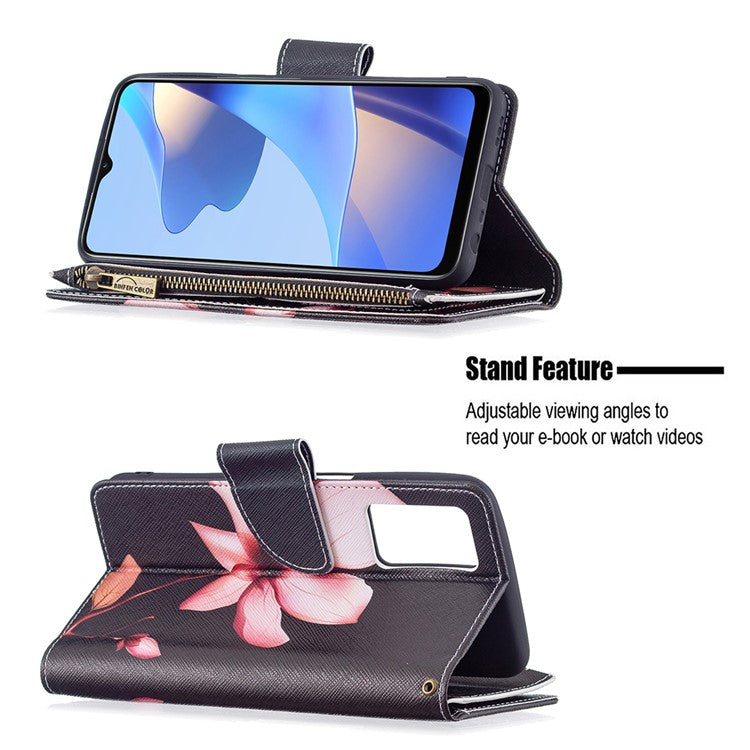 Pattern Printing PU Leather Wallet Shockproof Flip Cover Zipper Pocket Case with Stand and Strap for Oppo A16/A16s/A54s - Lotus