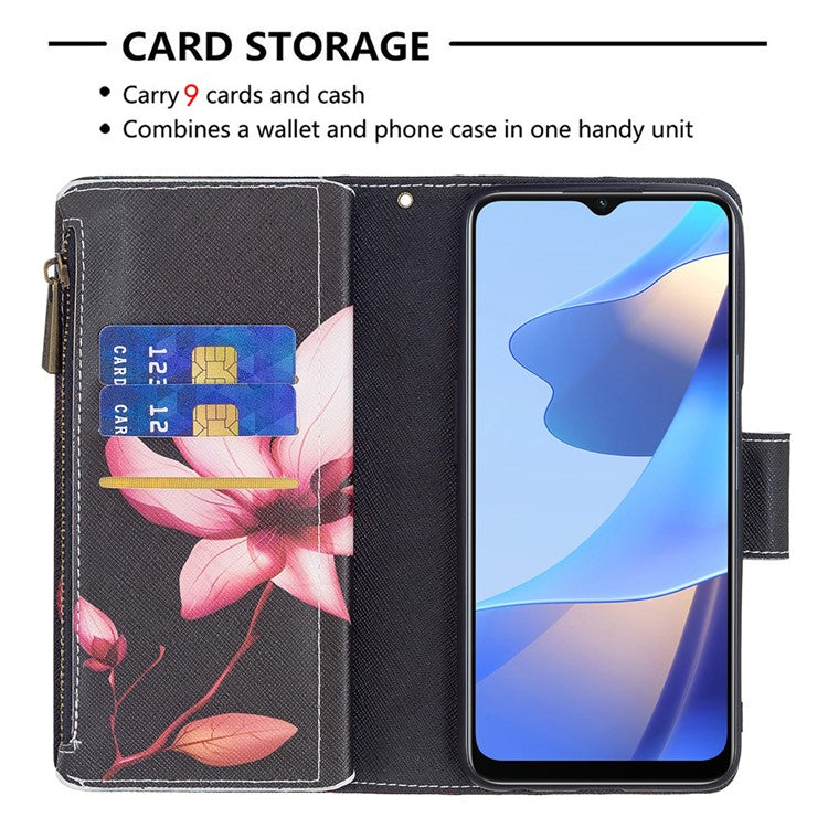 Pattern Printing PU Leather Wallet Shockproof Flip Cover Zipper Pocket Case with Stand and Strap for Oppo A16/A16s/A54s - Lotus