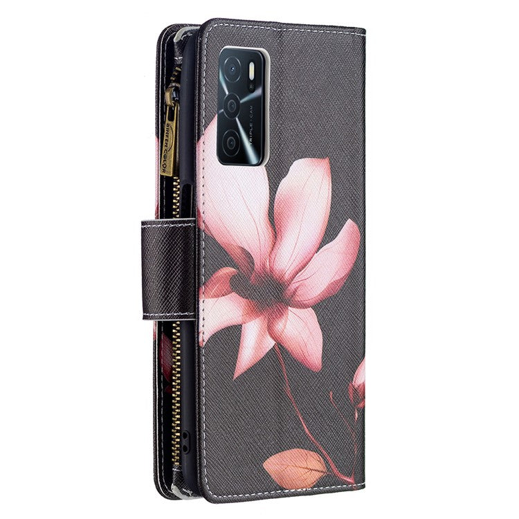 Pattern Printing PU Leather Wallet Shockproof Flip Cover Zipper Pocket Case with Stand and Strap for Oppo A16/A16s/A54s - Lotus