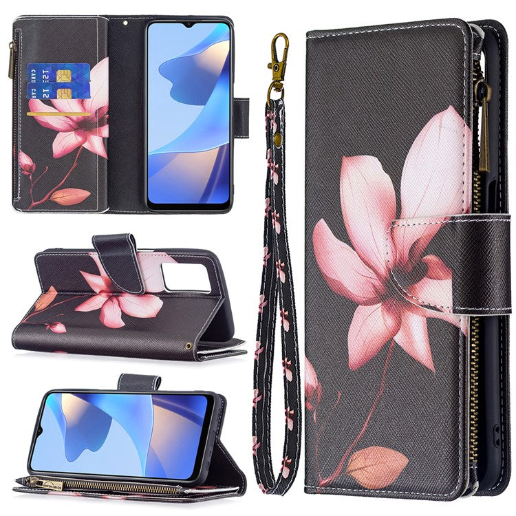 Pattern Printing PU Leather Wallet Shockproof Flip Cover Zipper Pocket Case with Stand and Strap for Oppo A16/A16s/A54s - Lotus