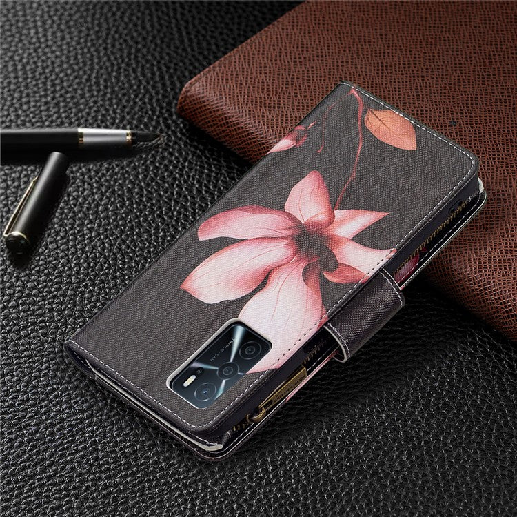 Pattern Printing PU Leather Wallet Shockproof Flip Cover Zipper Pocket Case with Stand and Strap for Oppo A16/A16s/A54s - Lotus