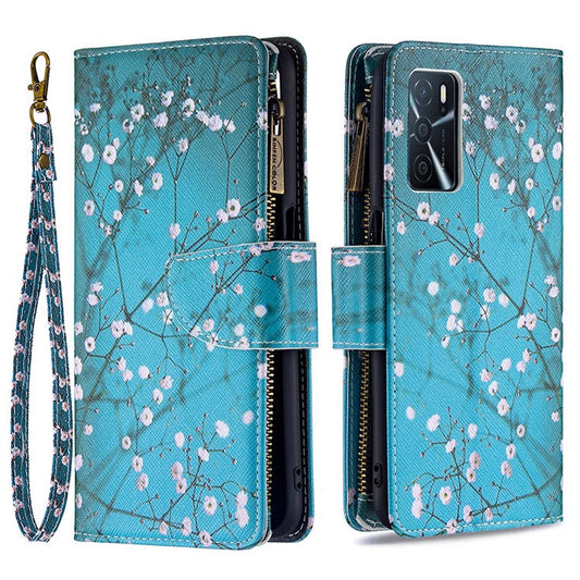 Pattern Printing PU Leather Wallet Shockproof Flip Cover Zipper Pocket Case with Stand and Strap for Oppo A16/A16s/A54s - Plum Blossom