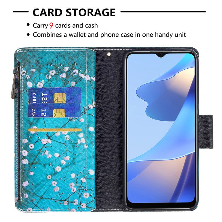 Pattern Printing PU Leather Wallet Shockproof Flip Cover Zipper Pocket Case with Stand and Strap for Oppo A16/A16s/A54s - Plum Blossom