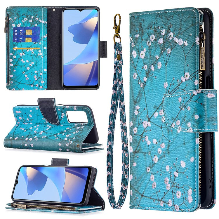 Pattern Printing PU Leather Wallet Shockproof Flip Cover Zipper Pocket Case with Stand and Strap for Oppo A16/A16s/A54s - Plum Blossom