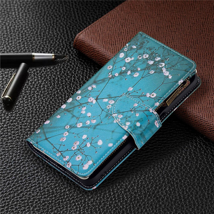 Pattern Printing PU Leather Wallet Shockproof Flip Cover Zipper Pocket Case with Stand and Strap for Oppo A16/A16s/A54s - Plum Blossom