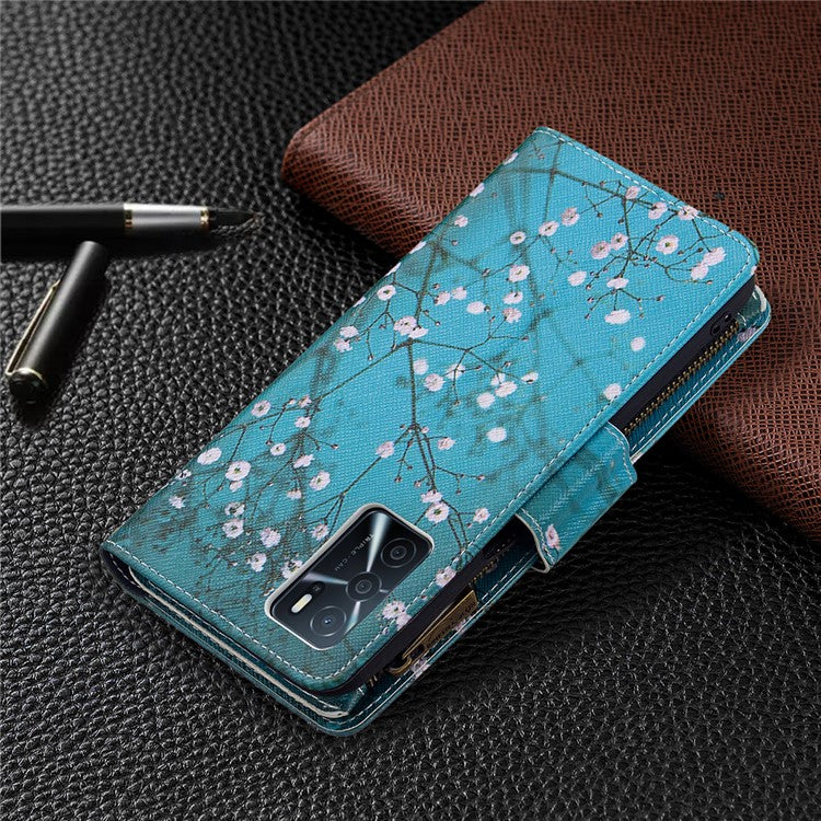 Pattern Printing PU Leather Wallet Shockproof Flip Cover Zipper Pocket Case with Stand and Strap for Oppo A16/A16s/A54s - Plum Blossom
