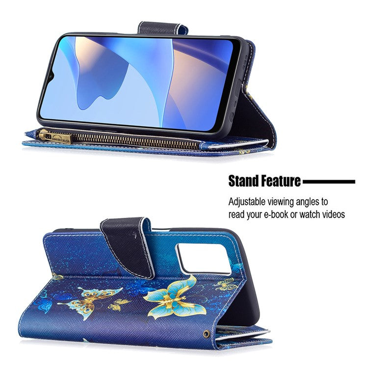 Pattern Printing PU Leather Wallet Shockproof Flip Cover Zipper Pocket Case with Stand and Strap for Oppo A16/A16s/A54s - Golden Butterflies