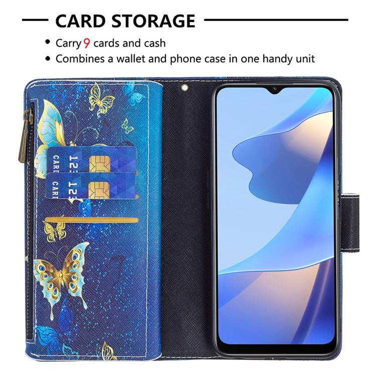Pattern Printing PU Leather Wallet Shockproof Flip Cover Zipper Pocket Case with Stand and Strap for Oppo A16/A16s/A54s - Golden Butterflies