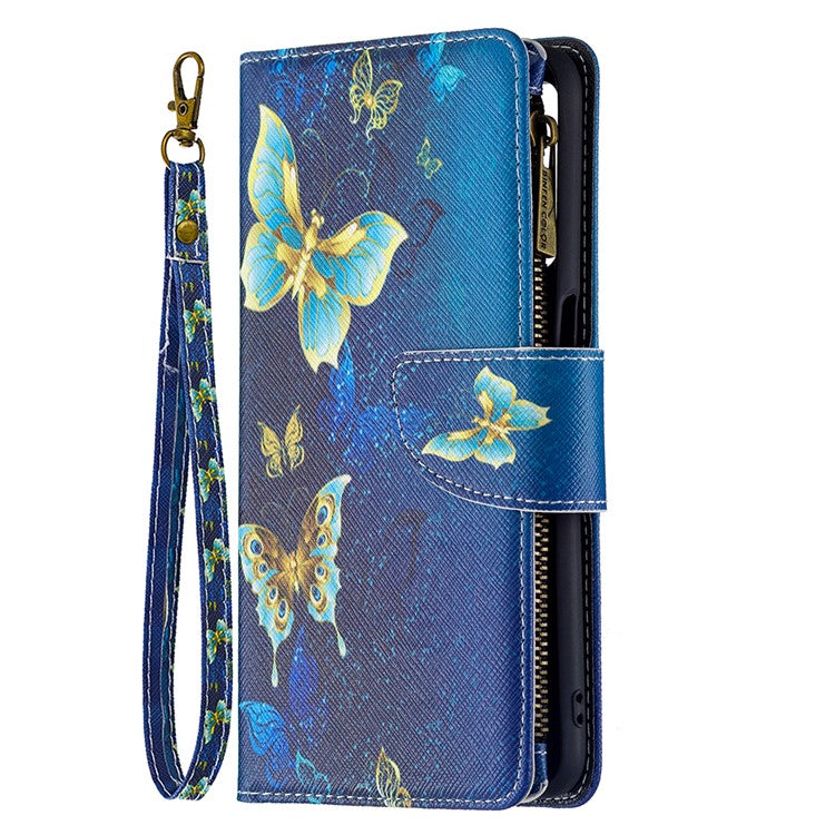 Pattern Printing PU Leather Wallet Shockproof Flip Cover Zipper Pocket Case with Stand and Strap for Oppo A16/A16s/A54s - Golden Butterflies