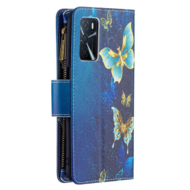 Pattern Printing PU Leather Wallet Shockproof Flip Cover Zipper Pocket Case with Stand and Strap for Oppo A16/A16s/A54s - Golden Butterflies