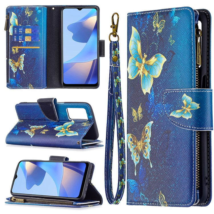 Pattern Printing PU Leather Wallet Shockproof Flip Cover Zipper Pocket Case with Stand and Strap for Oppo A16/A16s/A54s - Golden Butterflies