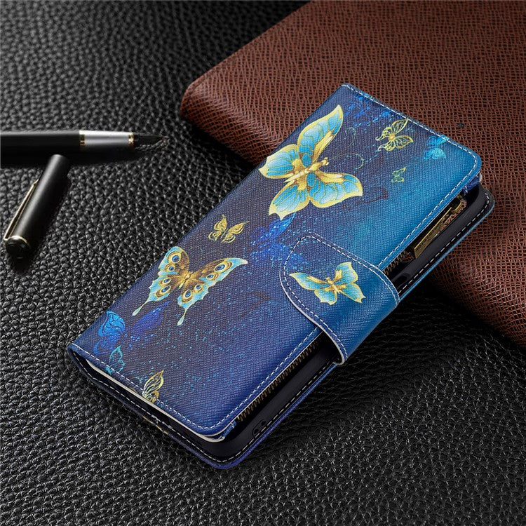 Pattern Printing PU Leather Wallet Shockproof Flip Cover Zipper Pocket Case with Stand and Strap for Oppo A16/A16s/A54s - Golden Butterflies