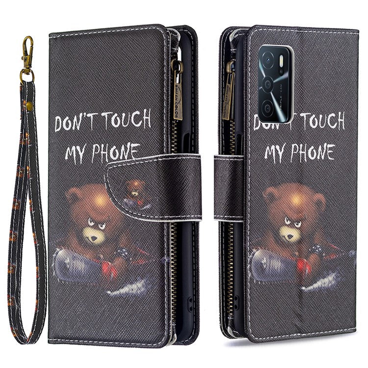 Pattern Printing PU Leather Wallet Shockproof Flip Cover Zipper Pocket Case with Stand and Strap for Oppo A16/A16s/A54s - Bear
