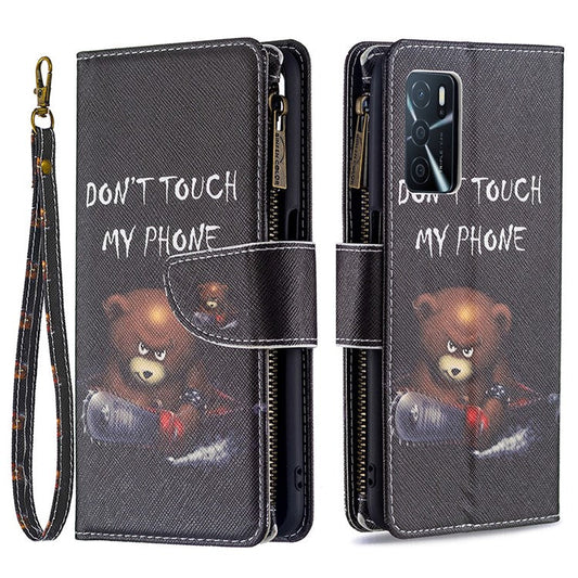 Pattern Printing PU Leather Wallet Shockproof Flip Cover Zipper Pocket Case with Stand and Strap for Oppo A16/A16s/A54s - Bear