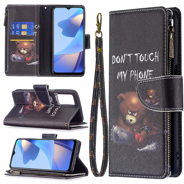 Pattern Printing PU Leather Wallet Shockproof Flip Cover Zipper Pocket Case with Stand and Strap for Oppo A16/A16s/A54s - Bear