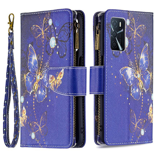 Pattern Printing PU Leather Wallet Shockproof Flip Cover Zipper Pocket Case with Stand and Strap for Oppo A16/A16s/A54s - Purple Butterfly